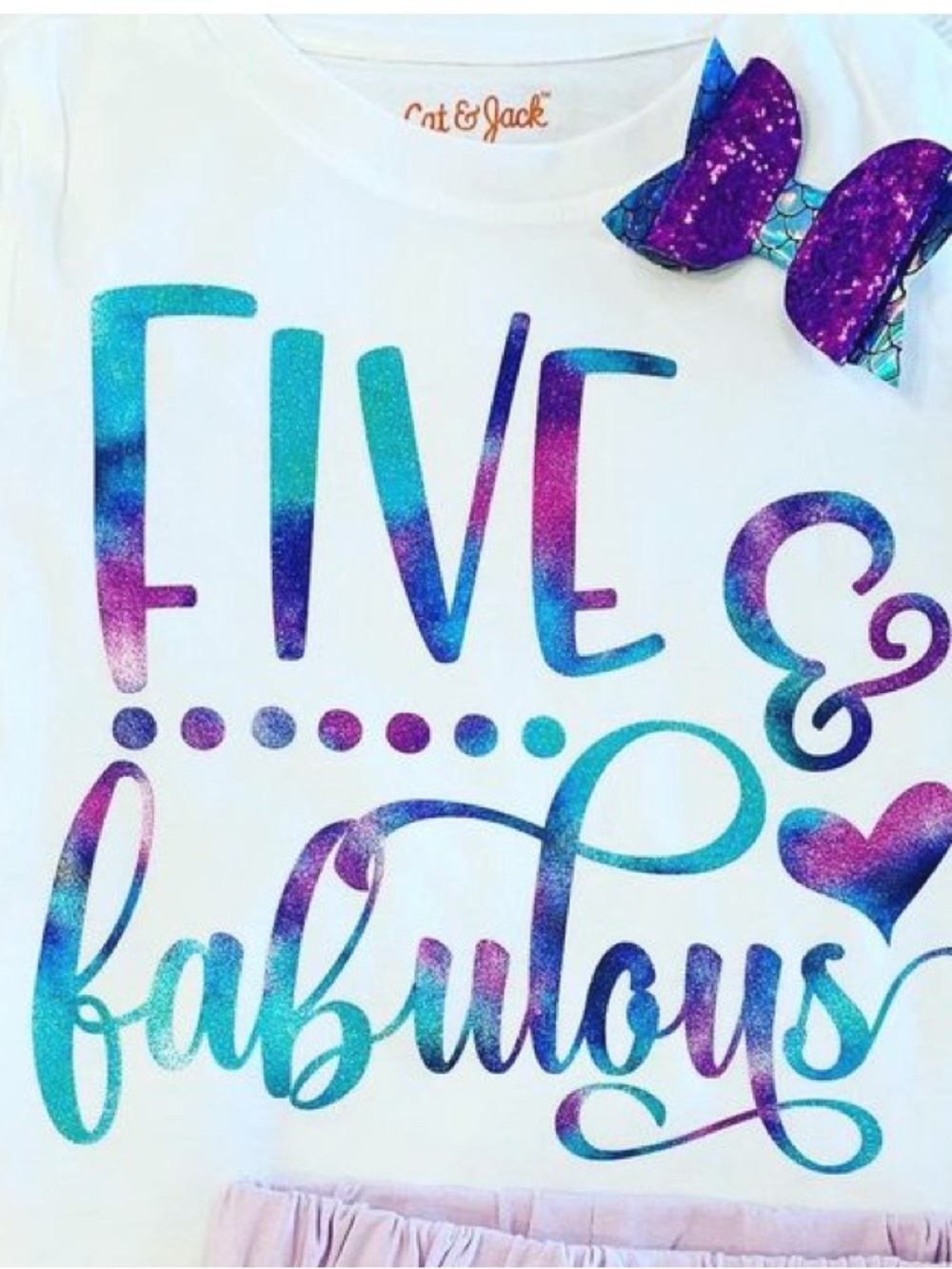 Girls' Teal Blue Purple Glitter "Five & Fabulous" Tee